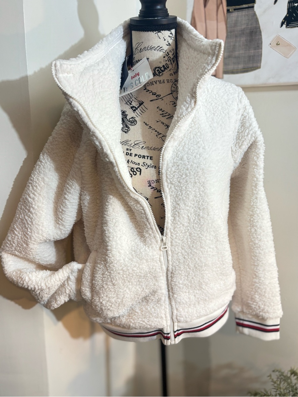 Tommy Hilfiger White Sherpa Zip Jacket with Ribbed Stripe Trim